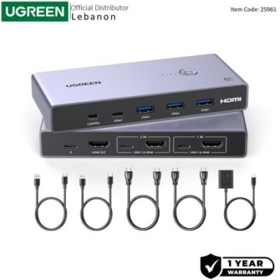 UGREEN 8K 2Ports HDMI KVM Switch Box, Control 2 PC’s Sharing Single Monitor and 3 USB-A + 1 USB-C Ports